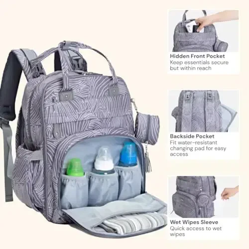 BabbleRoo Diaper Bag Backpack - Baby Essentials, Travel Essentials Baby Bag with Changing Pad, Stroller Straps & Pacifier Case - Unisex, Gray Swirls - 4