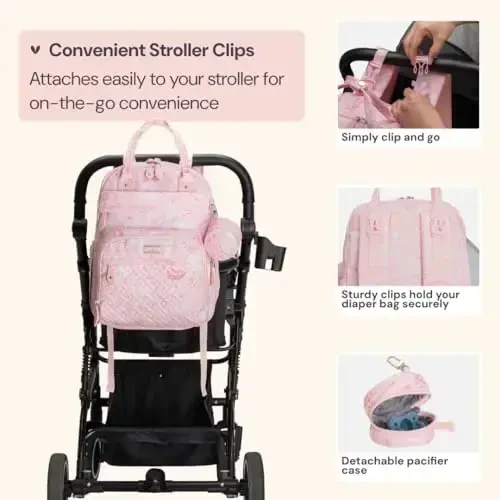 BabbleRoo Diaper Bag Backpack - Baby Essentials, Travel Essentials Baby Bag with Changing Pad, Stroller Straps & Pacifier Case - Unisex, Pink Birdy - 5