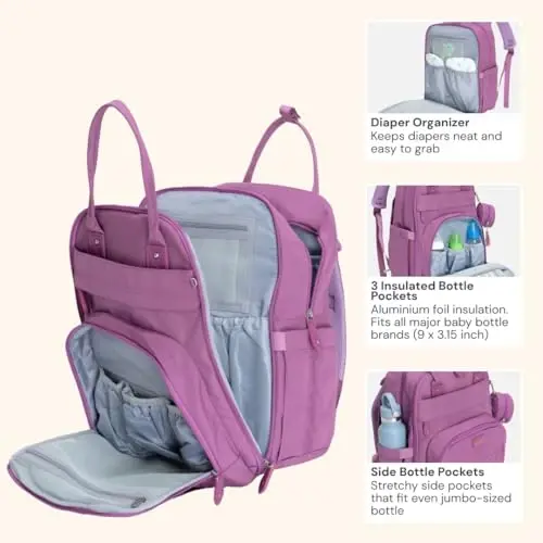 BabbleRoo Diaper Bag Backpack - Baby Essentials Travel Tote - Ko'p funksiyali suv o'tkazmaydigan taglik sumkasi, sayohat uchun zarur bolalar sumkasi, almashtirish uchun joy, aravacha tasmaları va emzik qutisi - Unisex, binafsha - 5