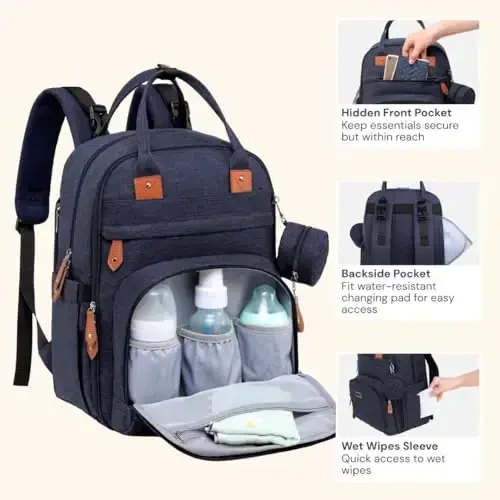 BabbleRoo Diaper Bag Backpack - Baby Essentials Travel Tote - Ko'p Funktsiyali Suv o'tkazmaydigan taglik sumkasi, o'zgartirish uchun yostiqli sayohat uchun zarur bolalar sumkasi, aravacha tasmaları va emzik qutisi - Unisex, To'q ko'k - 4