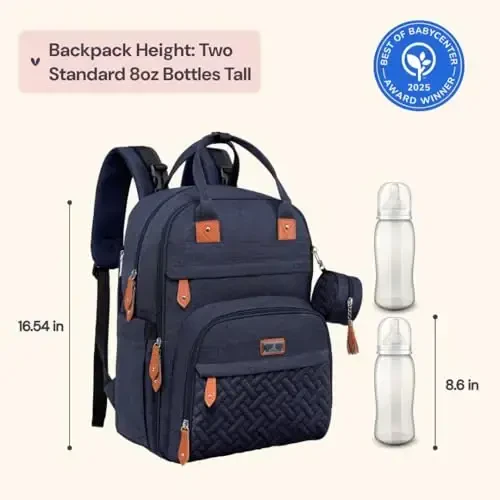 BabbleRoo Diaper Bag Backpack - Baby Essentials Travel Tote - Ko'p Funktsiyali Suv o'tkazmaydigan taglik sumkasi, o'zgartirish uchun yostiqli sayohat uchun zarur bolalar sumkasi, aravacha tasmaları va emzik qutisi - Unisex, To'q ko'k - 6