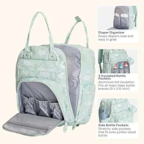 BabbleRoo Diaper Bag Backpack - Baby Essentials Travel Tote - Multi Function Water Resistant Diaper Bag, Travel Essentials Baby Bag with Changing Pad, Stroller Straps & Pacifier Case - Green Birdy - 3