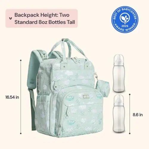BabbleRoo Diaper Bag Backpack - Baby Essentials Travel Tote - Multi Function Water Resistant Diaper Bag, Travel Essentials Baby Bag with Changing Pad, Stroller Straps & Pacifier Case - Green Birdy - BABBLEROO