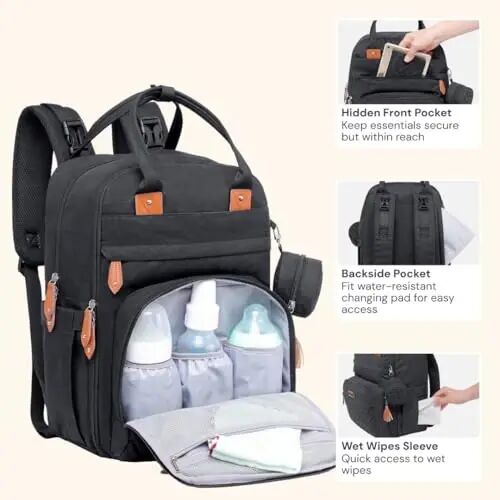 BabbleRoo Diaper Bag Backpack - Baby Essentials Travel Tote - Multi Function Water Resistant Diaper Bag, Travel Essentials Baby Bag with Changing Pad, Stroller Straps & Pacifier Case - Unisex, Black - 5