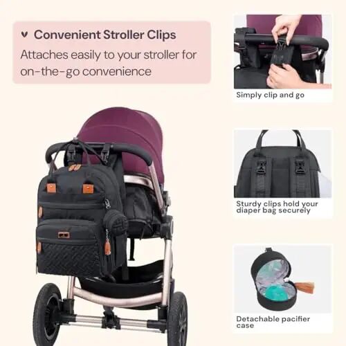 BabbleRoo Diaper Bag Backpack - Baby Essentials Travel Tote - Multi Function Water Resistant Diaper Bag, Travel Essentials Baby Bag with Changing Pad, Stroller Straps & Pacifier Case - Unisex, Black - 6