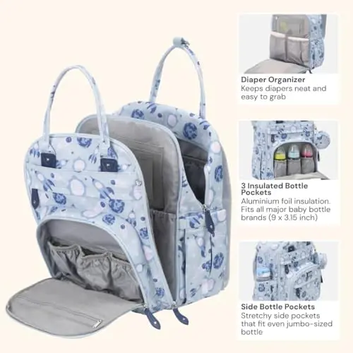 BabbleRoo Diaper Bag Backpack - Baby Essentials Travel Tote - Multi Function Water Resistant Diaper Bag, Travel Essentials Baby Bag with Changing Pad, Stroller Straps & Pacifier Case - Unisex, Cosmic - 10