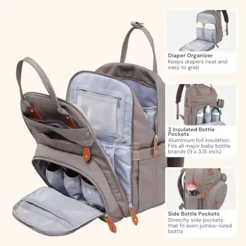 BabbleRoo Diaper Bag Backpack - Baby Essentials Travel Tote - Multi Function Water Resistant Diaper Bag, Travel Essentials Baby Bag with Changing Pad, Stroller Straps & Pacifier Case - Unisex, Khaki - 3