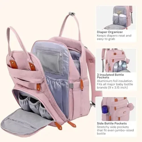 BabbleRoo Diaper Bag Backpack - Baby Essentials Travel Tote - Multi function Water Resistant Diaper Bag, Travel Essentials Baby Bag with Changing Pad, Stroller Straps & Pacifier Case - Unisex, Pink - 3