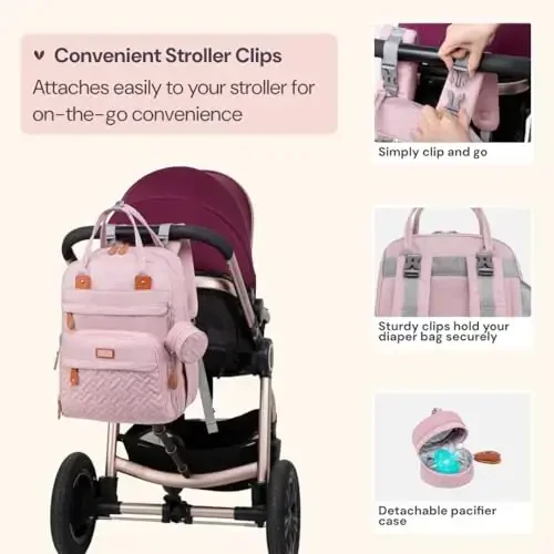 BabbleRoo Diaper Bag Backpack - Baby Essentials Travel Tote - Multi function Water Resistant Diaper Bag, Travel Essentials Baby Bag with Changing Pad, Stroller Straps & Pacifier Case - Unisex, Pink - 5