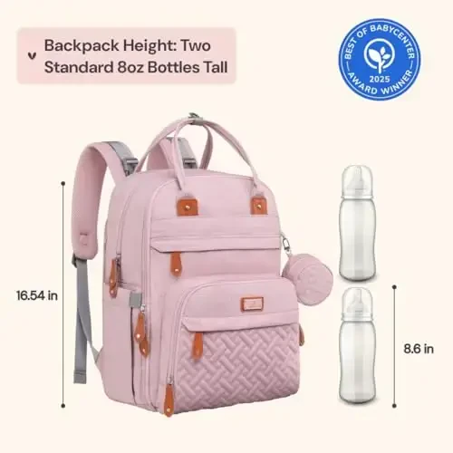 BabbleRoo Diaper Bag Backpack - Baby Essentials Travel Tote - Multi function Water Resistant Diaper Bag, Travel Essentials Baby Bag with Changing Pad, Stroller Straps & Pacifier Case - Unisex, Pink - 6