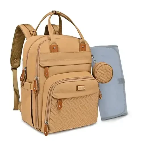 BabbleRoo Diaper Bag Backpack - Baby Essentials Travel Tote - Multi function Waterproof Diaper Bag, Travel Essentials Baby Bag with Changing Pad, Stroller Straps & Pacifier Case - Unisex, Beige - 2