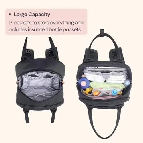 BabbleRoo Diaper Bag Backpack - Baby Essentials Travel Tote - Multi Function Waterproof Diaper Bag, Travel Essentials Baby Bag with Changing Pad, Stroller Straps & Pacifier Case - Unisex, Black 