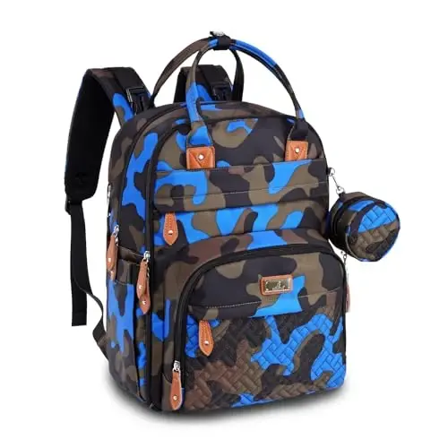 BabbleRoo Diaper Bag Backpack - Baby Essentials Travel Tote - Multi function Waterproof Diaper Bag, Travel Essentials Baby Bag with Changing Pad, Stroller Straps & Pacifier Case - Unisex, Blue Camo - 1