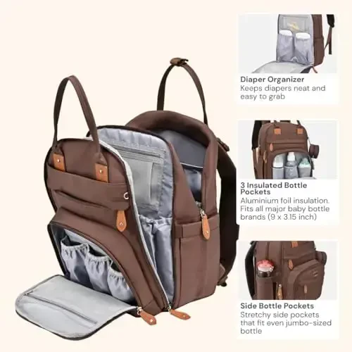 BabbleRoo Diaper Bag Backpack - Baby Essentials Travel Tote - Multi Function Waterproof Diaper Bag, Travel Essentials Baby Bag with Changing Pad, Stroller Straps & Pacifier Case - Unisex, Brown - 3