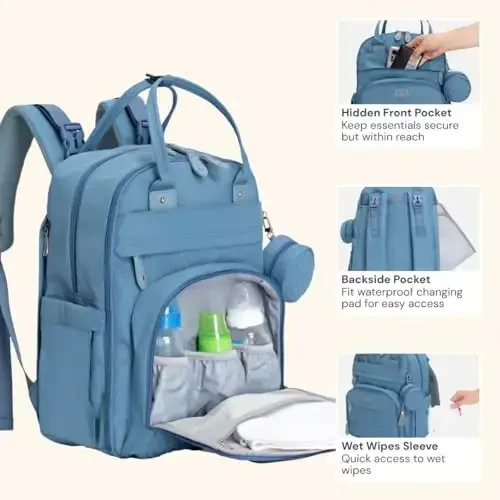 BabbleRoo Diaper Bag Backpack - Baby Essentials Travel Tote - Multi function Waterproof Diaper Bag, Travel Essentials Baby Bag with Changing Pad, Stroller Straps & Pacifier Case - Unisex, Light Blue - 5