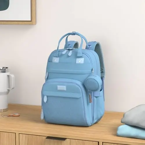 BabbleRoo Diaper Bag Backpack - Baby Essentials Travel Tote - Multi function Waterproof Diaper Bag, Travel Essentials Baby Bag with Changing Pad, Stroller Straps & Pacifier Case - Unisex, Light Blue - 2