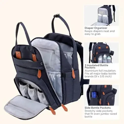 BabbleRoo Diaper Bag Backpack - Baby Essentials Travel Tote - Multi Function Waterproof Diaper Bag, Travel Essentials Baby Bag with Changing Pad, Stroller Straps & Pacifier Case - Unisex, Navy Blue - 3