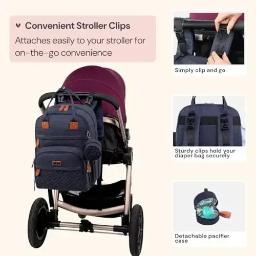 BabbleRoo Diaper Bag Backpack - Baby Essentials Travel Tote - Multi Function Waterproof Diaper Bag, Travel Essentials Baby Bag with Changing Pad, Stroller Straps & Pacifier Case - Unisex, Navy Blue - 5