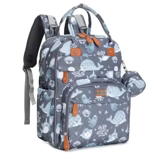 BabbleRoo Diaper Bag Backpack - Baby Essentials Travel Tote - Multi Function Waterproof Diaper Bag, Travel Essentials Baby Bag with Changing Pad, Stroller Straps & Pacifier Case - Unisex, Sea Animals 