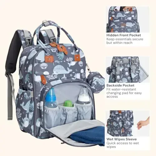 BabbleRoo Diaper Bag Backpack - Baby Essentials Travel Tote - Multi Function Waterproof Diaper Bag, Travel Essentials Baby Bag with Changing Pad, Stroller Straps & Pacifier Case - Unisex, Sea Animals - 4