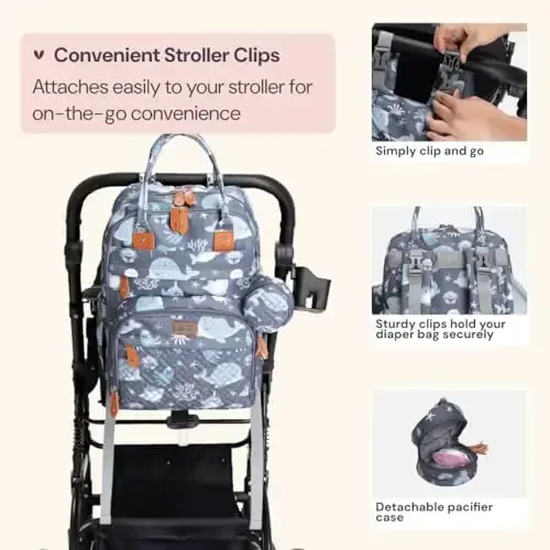 BabbleRoo Diaper Bag Backpack - Baby Essentials Travel Tote - Multi Function Waterproof Diaper Bag, Travel Essentials Baby Bag with Changing Pad, Stroller Straps & Pacifier Case - Unisex, Sea Animals - 5