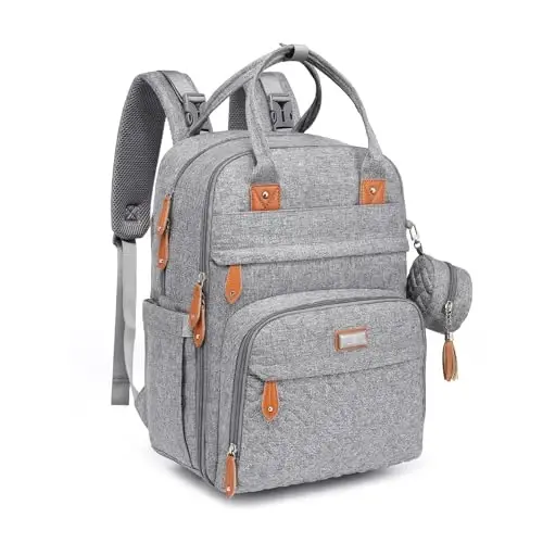 BabbleRoo Diaper Bag Backpack - Bolalar uchun zaruriy sayohat sumkasi - Ko'p funksiyali suv o'tkazmaydigan taglik sumkasi, Sayohat uchun zaruriy bolalar sumkasi, o'zgartirish uchun joy, aravacha tasmaları va so'rg'ich qutisi - Ochiq kulrang - BABBLEROO