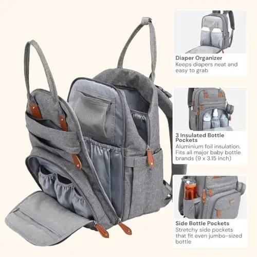 BabbleRoo Diaper Bag Backpack - Bolalar uchun zaruriy sayohat sumkasi - Ko'p funksiyali suv o'tkazmaydigan taglik sumkasi, Sayohat uchun zaruriy bolalar sumkasi, o'zgartirish uchun joy, aravacha tasmaları va so'rg'ich qutisi - Ochiq kulrang - 4
