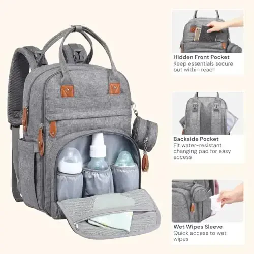 BabbleRoo Diaper Bag Backpack - Bolalar uchun zaruriy sayohat sumkasi - Ko'p funksiyali suv o'tkazmaydigan taglik sumkasi, Sayohat uchun zaruriy bolalar sumkasi, o'zgartirish uchun joy, aravacha tasmaları va so'rg'ich qutisi - Ochiq kulrang - 5
