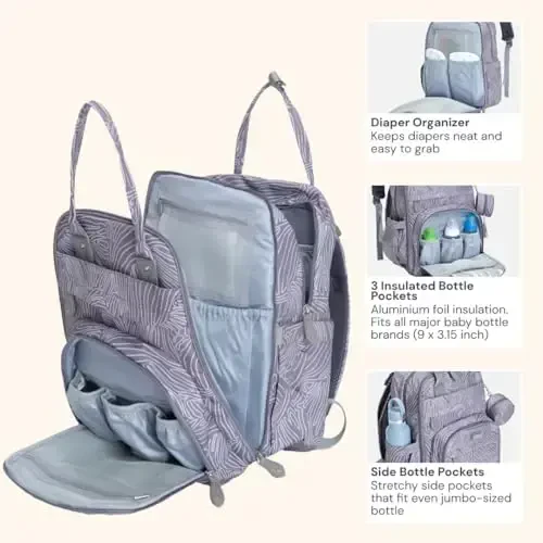 BabbleRoo Diaper Bag Backpack - Chaqaloq anjomlari, Sayohat anjomlari, Bolalar uchun sumka, o'zgartirish uchun taglik, aravachalar uchun tasmalar va so'rg'ich qutisi - Uniseks, Kulrang burmalar - 3