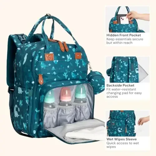BabbleRoo Diaper Bag Backpack - Chaqaloq uchun zarur bo'lgan sayohat sumkasi - Suvga chidamli ko'p funksiyali taglik sumkasi, almashtirish uchun joy, aravacha tasmasi va so'rg'ich qutisi bilan sayohat uchun zarur bo'lgan chaqaloq sumkasi - Uniseks, Dino - 4