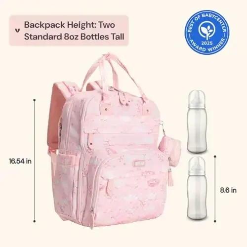 BabbleRoo Diaper Bag Backpack - Chaqaloq uchun zarur narsalar, Sayohat uchun zarur bolalar sumkasi, O'zgartirish uchun mat, Aravacha tasmalar va Emzik qutisi bilan - Unisex, Pushti Birdy - 6
