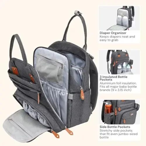 BabbleRoo Diaper Bag Backpack - Multi function Waterproof Diaper Bag, Travel Essentials Baby Tote with Changing Pad, Stroller Straps & Pacifier Case - Unisex, Dark Gray - 3