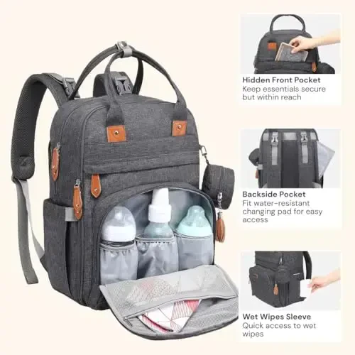 BabbleRoo Diaper Bag Backpack - Multi function Waterproof Diaper Bag, Travel Essentials Baby Tote with Changing Pad, Stroller Straps & Pacifier Case - Unisex, Dark Gray - 4