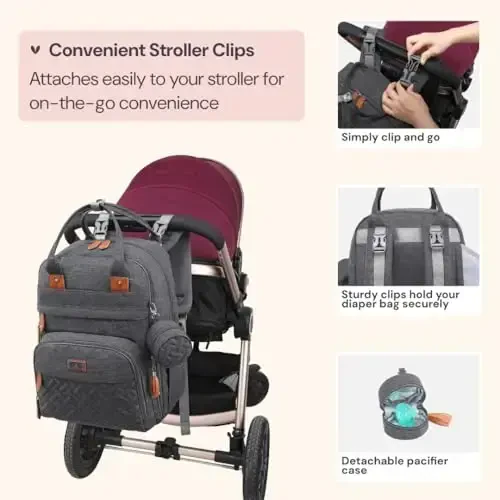 BabbleRoo Diaper Bag Backpack - Multi function Waterproof Diaper Bag, Travel Essentials Baby Tote with Changing Pad, Stroller Straps & Pacifier Case - Unisex, Dark Gray - 5