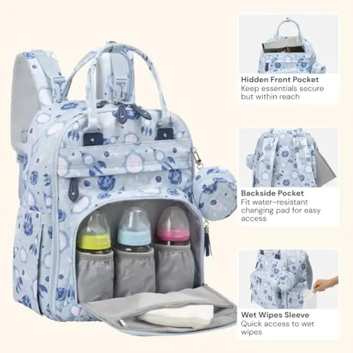 BabbleRoo Diaper Bag Ryukzagi - Bolalar uchun zarur bo'lgan sayohat sumkasi - Ko'p funktsiyali suv o'tkazmaydigan taglik sumkasi, O'zgartirish uchun joy, aravachalar uchun tasmalar va so'rg'ich qutisi bilan sayohat uchun zarur bo'lgan bolalar sumkasi - Uniseks, Kosmik - 11
