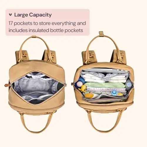 BabbleRoo Diaper Bag Ryukzagi - Go'dak uchun kerakli sayohat sumkasi - Ko'p funktsiyali suv o'tkazmaydigan taglik sumkasi, sayohat uchun zarur bo'lgan go'dak sumkasi, almashtirish uchun joy, aravacha tasmaları va so'rg'ich qutisi - Uniseks, bej - BABBLEROO (1)