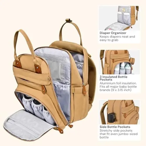 BabbleRoo Diaper Bag Ryukzagi - Go'dak uchun kerakli sayohat sumkasi - Ko'p funktsiyali suv o'tkazmaydigan taglik sumkasi, sayohat uchun zarur bo'lgan go'dak sumkasi, almashtirish uchun joy, aravacha tasmaları va so'rg'ich qutisi - Uniseks, bej - 3