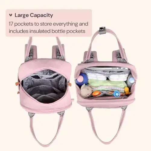 BabbleRoo Diaper Bag Ryukzagi - Go'dak uchun zarur sayohat sumkasi - Ko'p funksiyali suvga chidamli taglik sumkasi, sayohat uchun zarur go'dak sumkasi, almashtirish uchun joy, aravacha tasmalar va so'rg'ich g'ilofi - Uniseks, pushti - 1