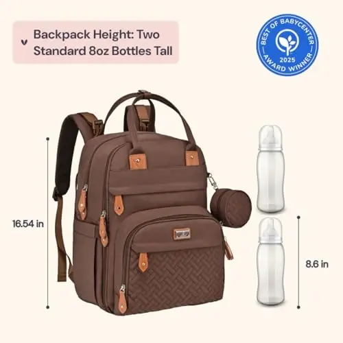 BabbleRoo Diaper Bag Ryukzagi - Go'dak uchun zarur sayohat sumkasi - Ko'p funktsiyali suv o'tkazmaydigan taglik sumkasi, o'zgartirish yostig'i, aravachalar uchun tasmalar va so'rg'ich qutisi bilan sayohat uchun zarur go'dak sumkasi - Uniseks, Jigarrang - 1