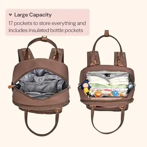 BabbleRoo Diaper Bag Ryukzagi - Go'dak uchun zarur sayohat sumkasi - Ko'p funktsiyali suv o'tkazmaydigan taglik sumkasi, o'zgartirish yostig'i, aravachalar uchun tasmalar va so'rg'ich qutisi bilan sayohat uchun zarur go'dak sumkasi - Uniseks, Jigarrang - 1