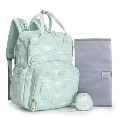 BabbleRoo Diaper Bag Ryukzaki - Go'dak Asoslari Sayohat Sumkasi - Ko'p Funktsiyali Suvga chidamli Go'dak Sumkasi, Sayohat Asoslari Go'dak Sumkasi, O'zgartirish Yostig'i, Aravacha Tasmalar va So'rg'ich G'ilofi - Yashil Qush - 2