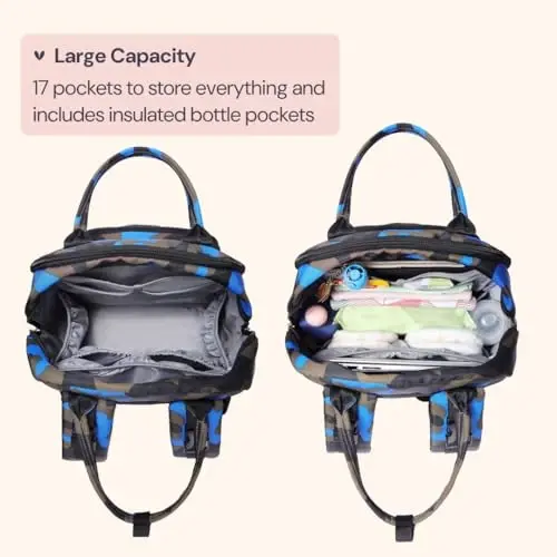 BabbleRoo Diaper Bag Ryukzaki - Go'dak Ehtiyojlar Sayohat Sumkasi - Ko'p funktsiyali Suv o'tkazmaydigan Go'dak Sumkasi, Sayohat Go'dak Sumkasi, O'zgartirish yostig'i, Aravachalar va So'rg'ich qutisi bilan - Uniseks, Moviy Kamuflaj - BABBLEROO