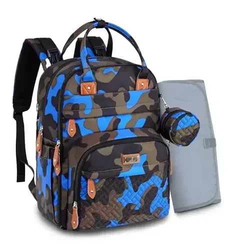 BabbleRoo Diaper Bag Ryukzaki - Go'dak Ehtiyojlar Sayohat Sumkasi - Ko'p funktsiyali Suv o'tkazmaydigan Go'dak Sumkasi, Sayohat Go'dak Sumkasi, O'zgartirish yostig'i, Aravachalar va So'rg'ich qutisi bilan - Uniseks, Moviy Kamuflaj - 2