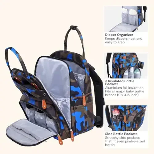 BabbleRoo Diaper Bag Ryukzaki - Go'dak Ehtiyojlar Sayohat Sumkasi - Ko'p funktsiyali Suv o'tkazmaydigan Go'dak Sumkasi, Sayohat Go'dak Sumkasi, O'zgartirish yostig'i, Aravachalar va So'rg'ich qutisi bilan - Uniseks, Moviy Kamuflaj - 3
