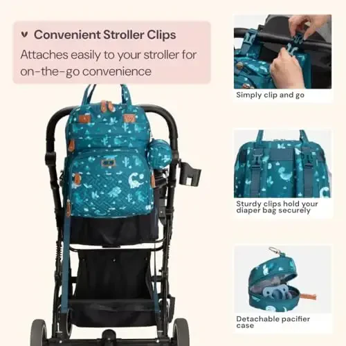 BabbleRoo Diaper Bag Ryukzaki - Go'dak uchun zarur bo'lgan sayohat sumkasi - Suvga chidamli ko'p funksiyali taglik sumkasi, O'zgartirish uchun joy, aravacha tasmalar va so'rg'ich qutisi bilan sayohat uchun zarur bo'lgan go'dak sumkasi - Uniseks, Dino - 5