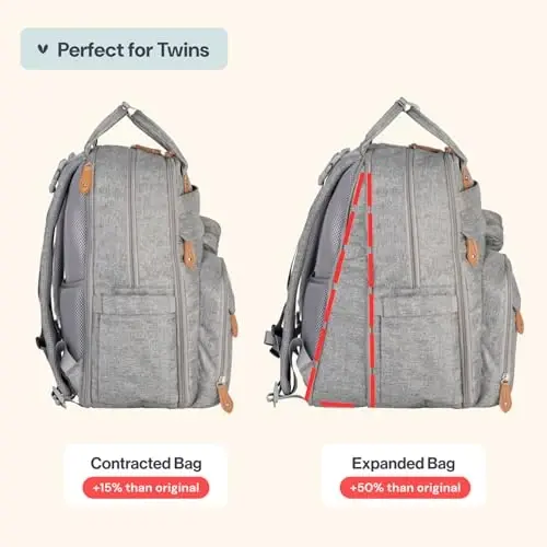 BabbleRoo Ekstra Büyük Bebek Bezi Çantası Sırt Çantası, %50'ye Kadar Daha Fazla Kapasiteli Genişletilebilir Bebek Çantası - Alt Değiştirme Bezi, Bebek Arabası Kayışları ve Emzik Kutusu ile Seyahat Temel Bebek Çantası - Unisex, Açık Gri - 2