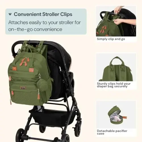BabbleRoo Extra Large Diaper Bag Backpack, Expandable Baby Bag with Up to 50% More Capacity - Travel Essentials Baby Bag Tote with Changing Pad, Stroller Straps & Pacifier Case - Unisex, Forest Green - 6