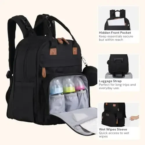 BabbleRoo Extra Large Diaper Bag Backpack, Expandable Baby Bag with Up to 50% More Capacity - Travel Essentials Baby Bag Tote with Changing Pad, Stroller Straps & Pacifier Case - Unisex, Black 
