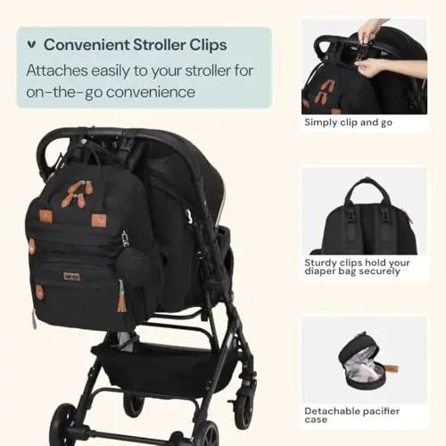 BabbleRoo Extra Large Diaper Bag Backpack, Expandable Baby Bag with Up to 50% More Capacity - Travel Essentials Baby Bag Tote with Changing Pad, Stroller Straps & Pacifier Case - Unisex, Black - 5