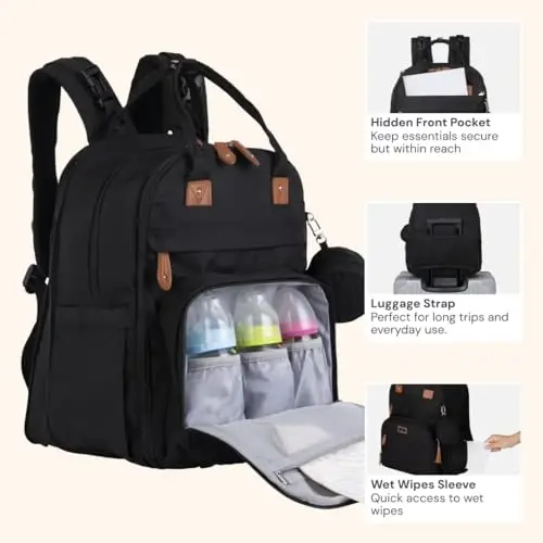 BabbleRoo Extra Large Diaper Bag Backpack, Expandable Baby Bag with Up to 50% More Capacity - Travel Essentials Baby Bag Tote with Changing Pad, Stroller Straps & Pacifier Case - Unisex, Black - 1